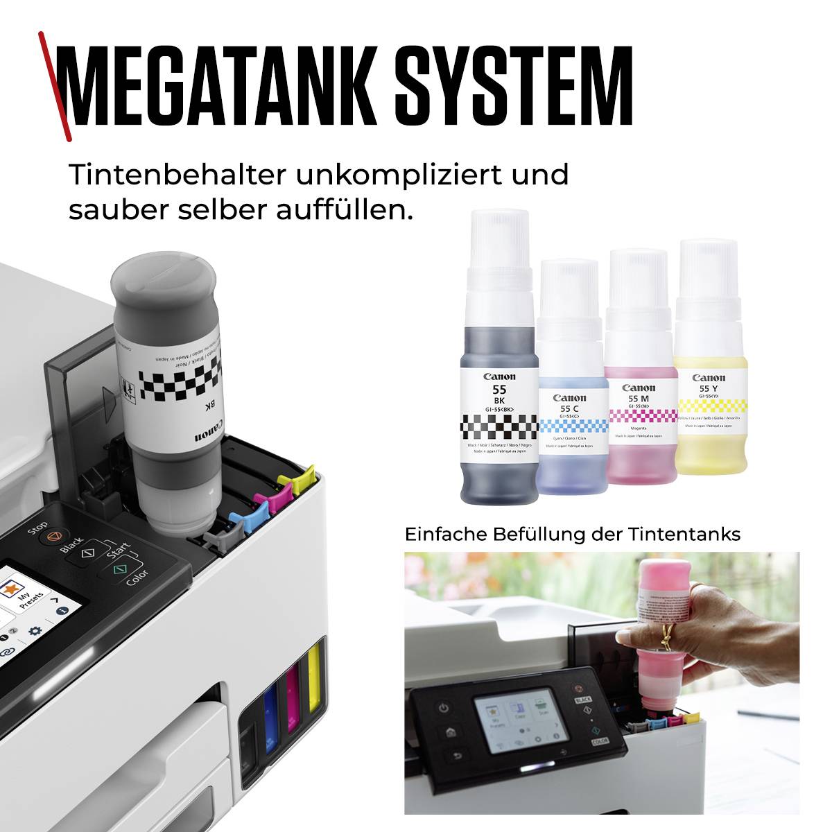 The image depicts a printer ink tank system with five refillable colour bottles and the text 'Refill ink containers simply and cleanly yourself'.