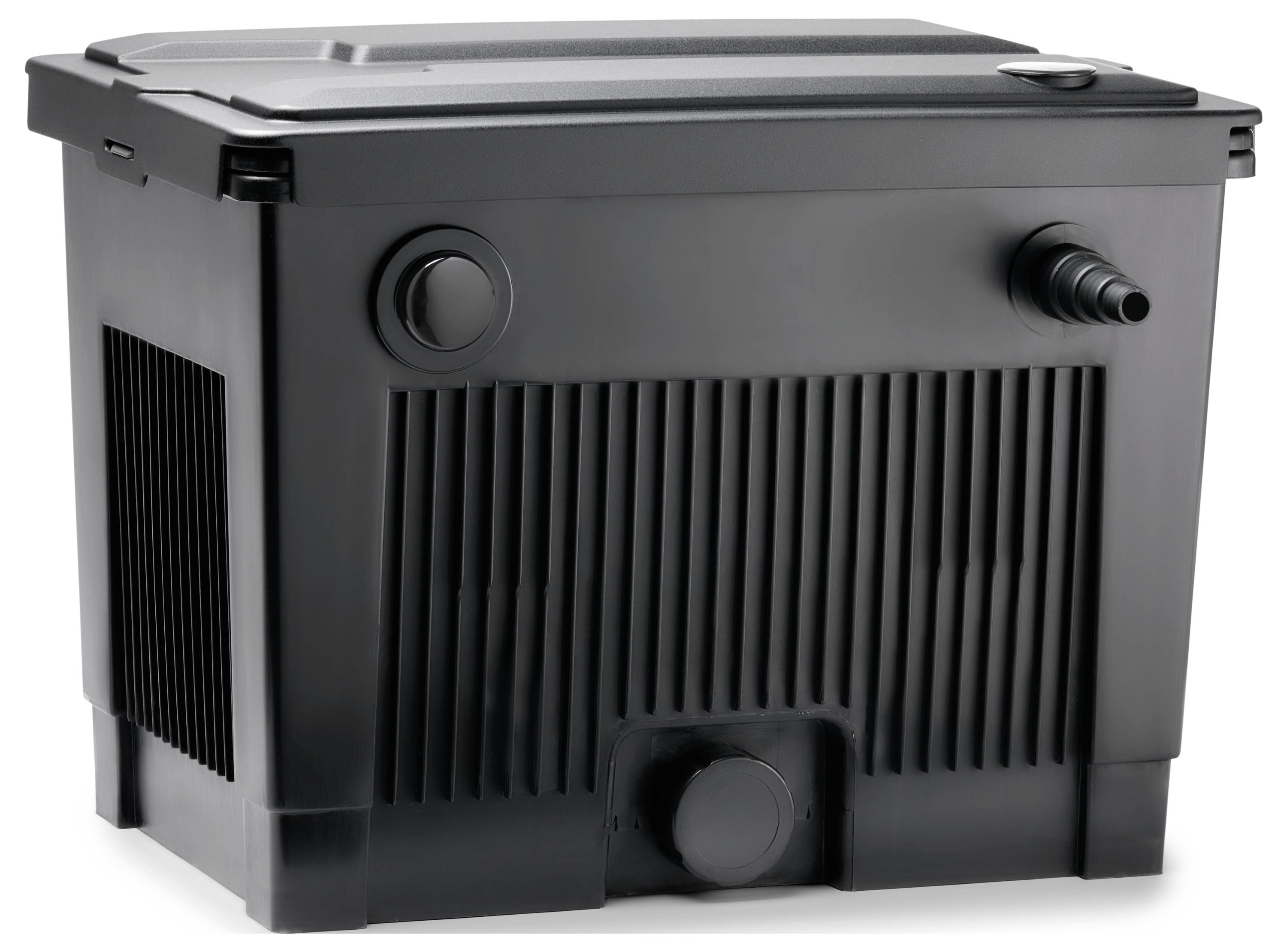 A black plastic box with ridged sides, featuring tube connectors, commonly used for water filtration systems.