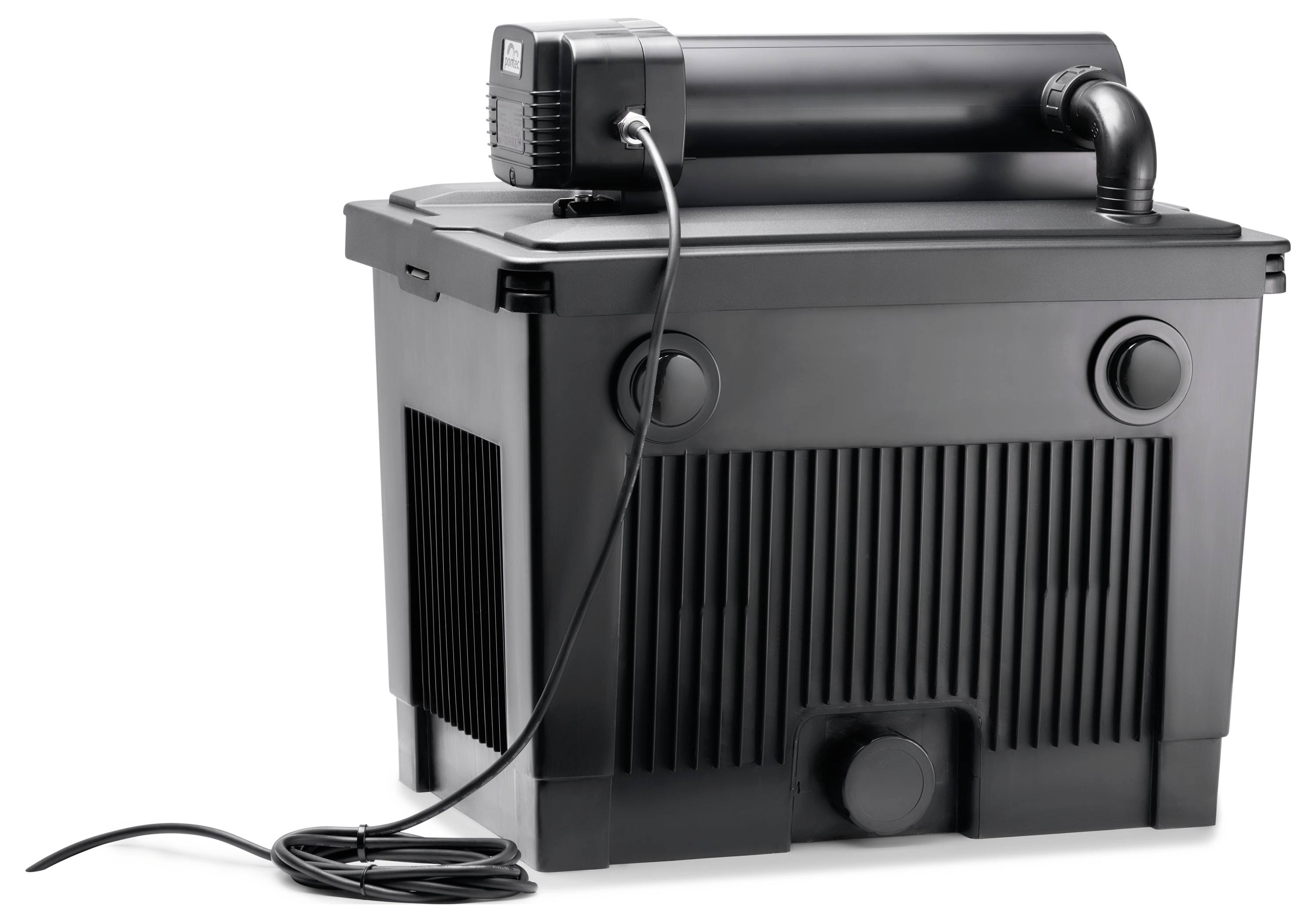 'A large black filtration system with a covered motor on top and several openings, suitable for heavy-duty water pumping or filtration.'