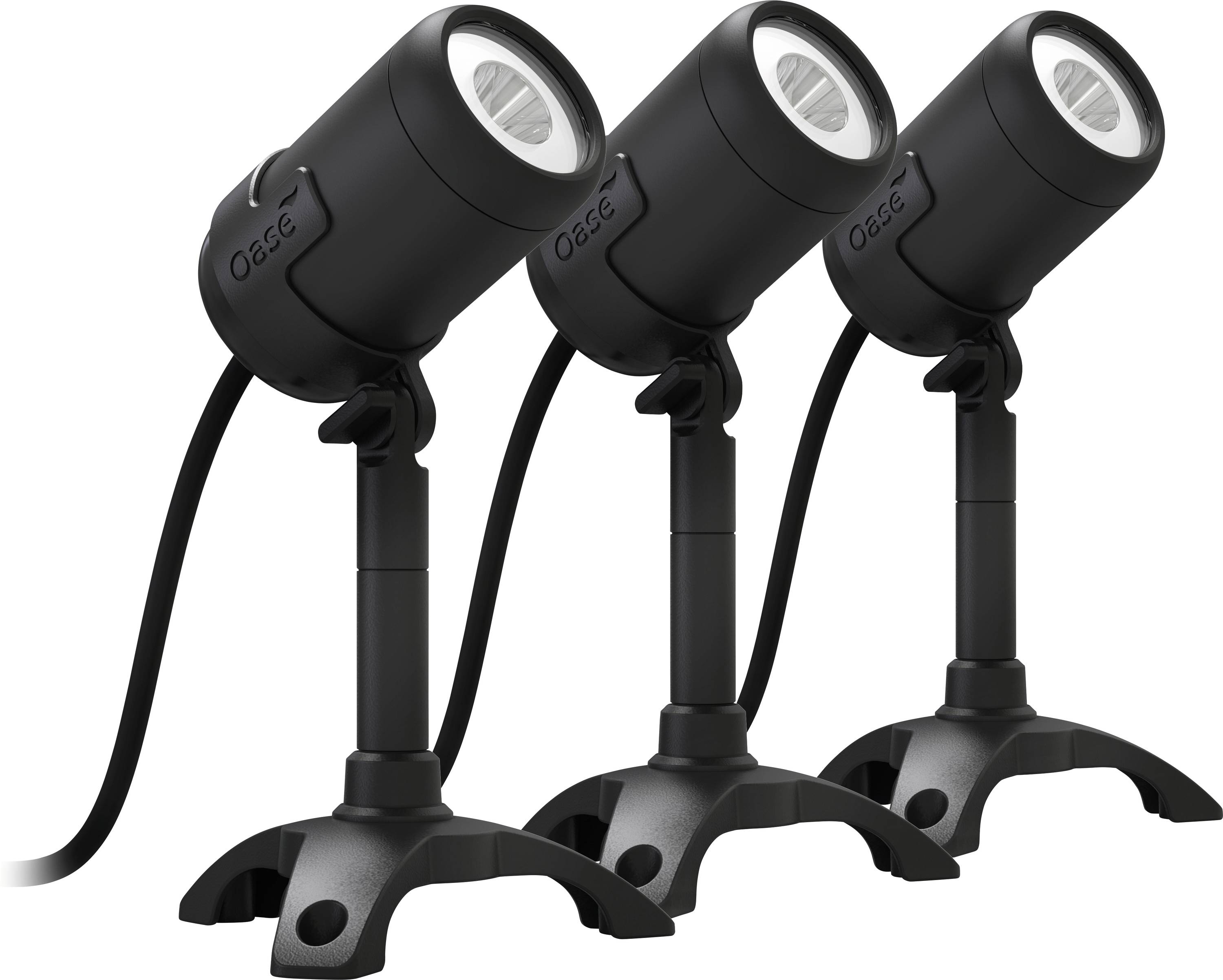 'Three black LED spotlights on adjustable stands aligned in a row, each with a power cord attached, designed for indoor or outdoor use.'