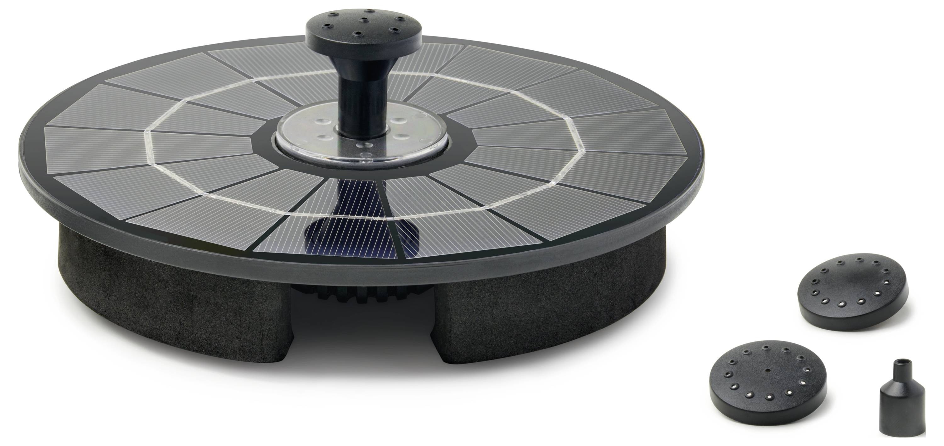 Solar-powered water fountain pump with circular solar panels, main nozzle, and two alternative nozzles for different spray patterns.