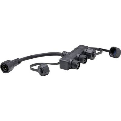 A black 3-way electrical splitter with waterproof connectors, featuring three outputs and one input, designed for outdoor use.