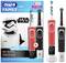 Electric toothbrushes in a 'Star Wars' design, a red one for children and a black one for adults. Packaging features a Stormtrooper.