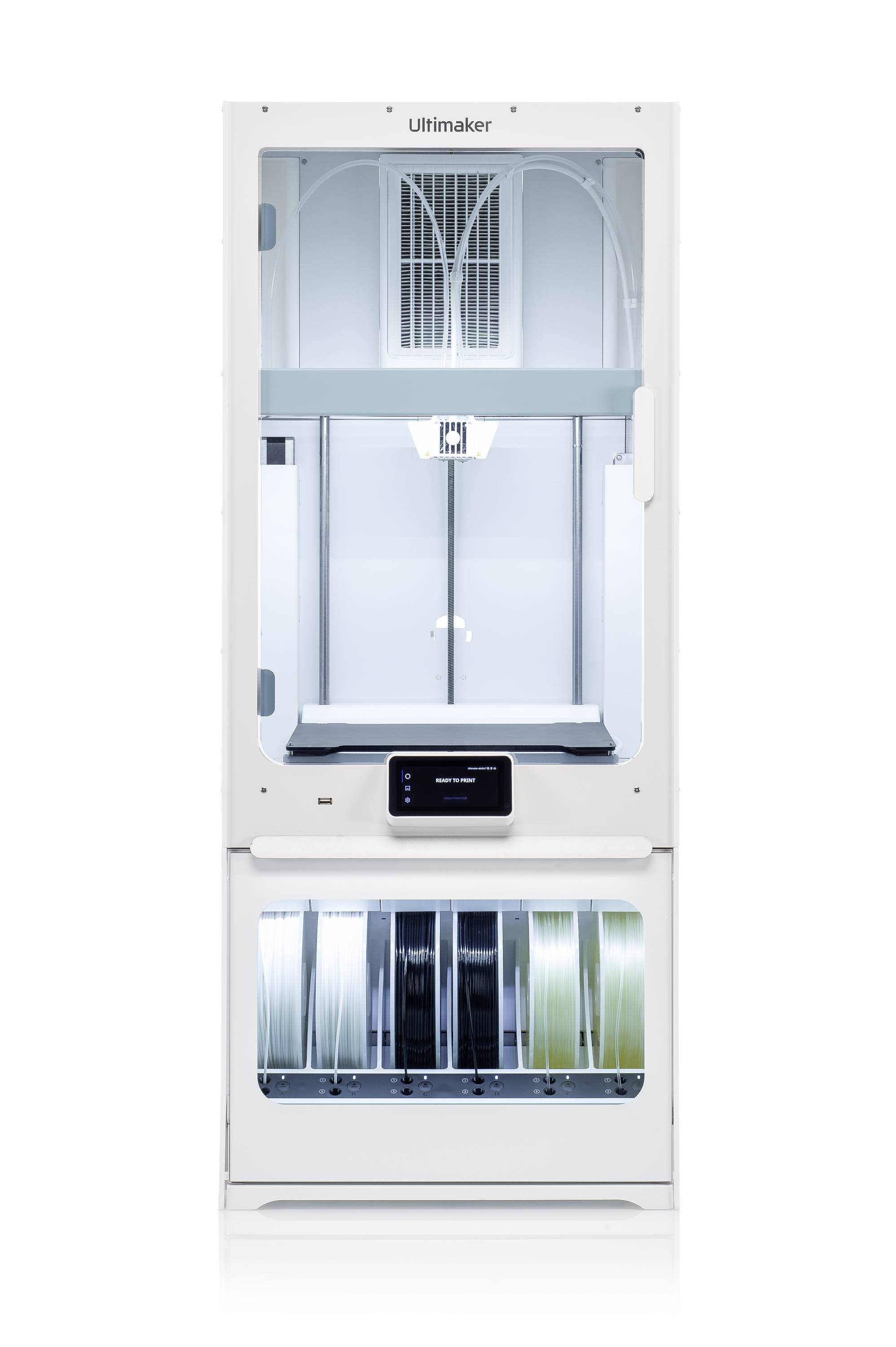 A 3D printer with an open print area and multiple filament rolls underneath. An optimised design method for increased efficiency in printing.