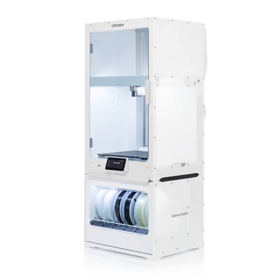 A white 3D printer with material station underneath, positioned on a smooth, white surface.