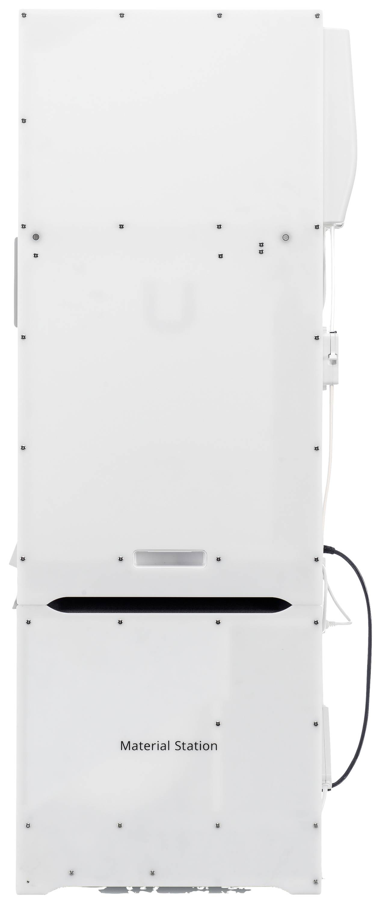 A white device with 'Material Station' written on the front; likely an industrial or technical machine.