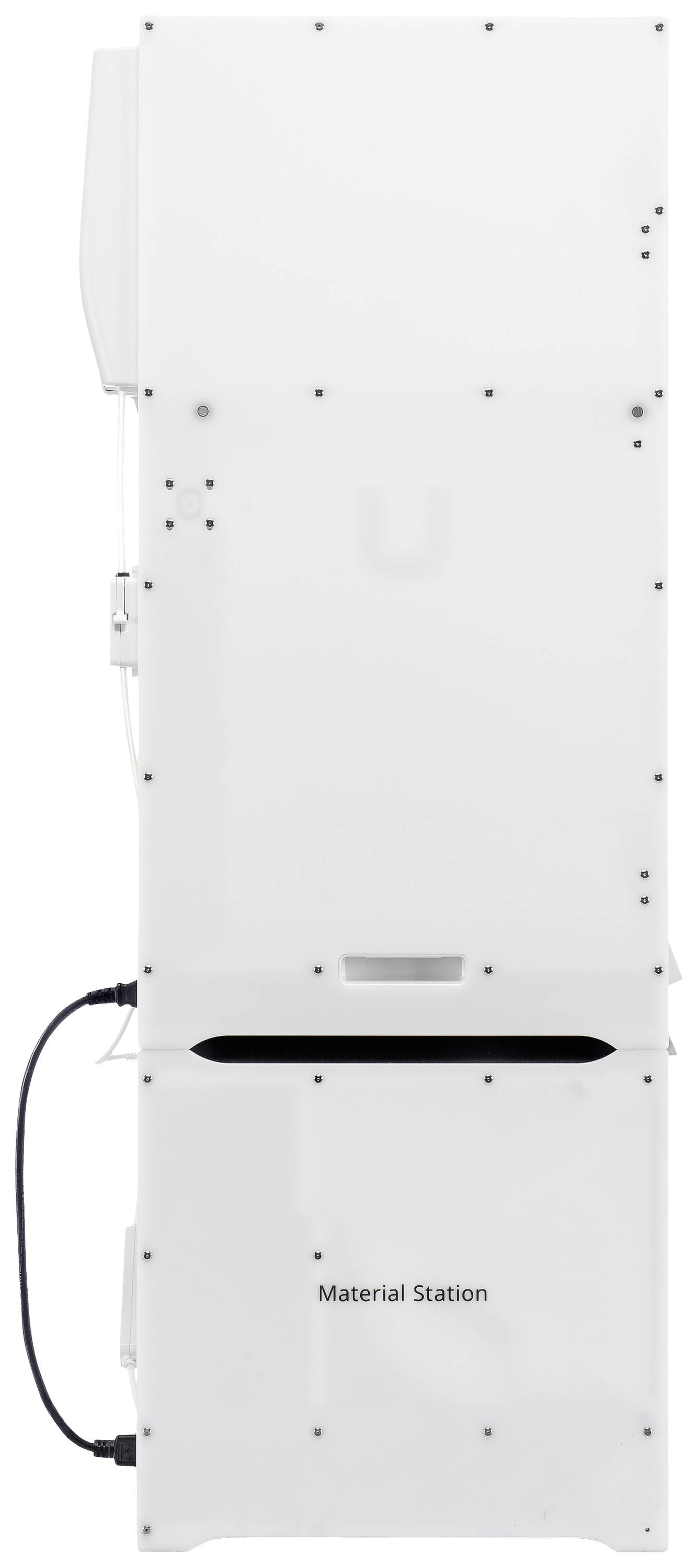 A white, vertical device with 'Material Station' written on its lower half, connected by a cable.