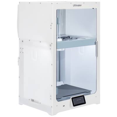 'Ultimaker 3D Printer' in a white housing with a transparent front door and control panel located bottom right, suitable for precise 3D printing.