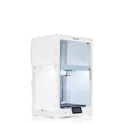 A 3D printer with a white enclosure stands upright. It has a glass door and a display. The printer is suitable for professional applications.