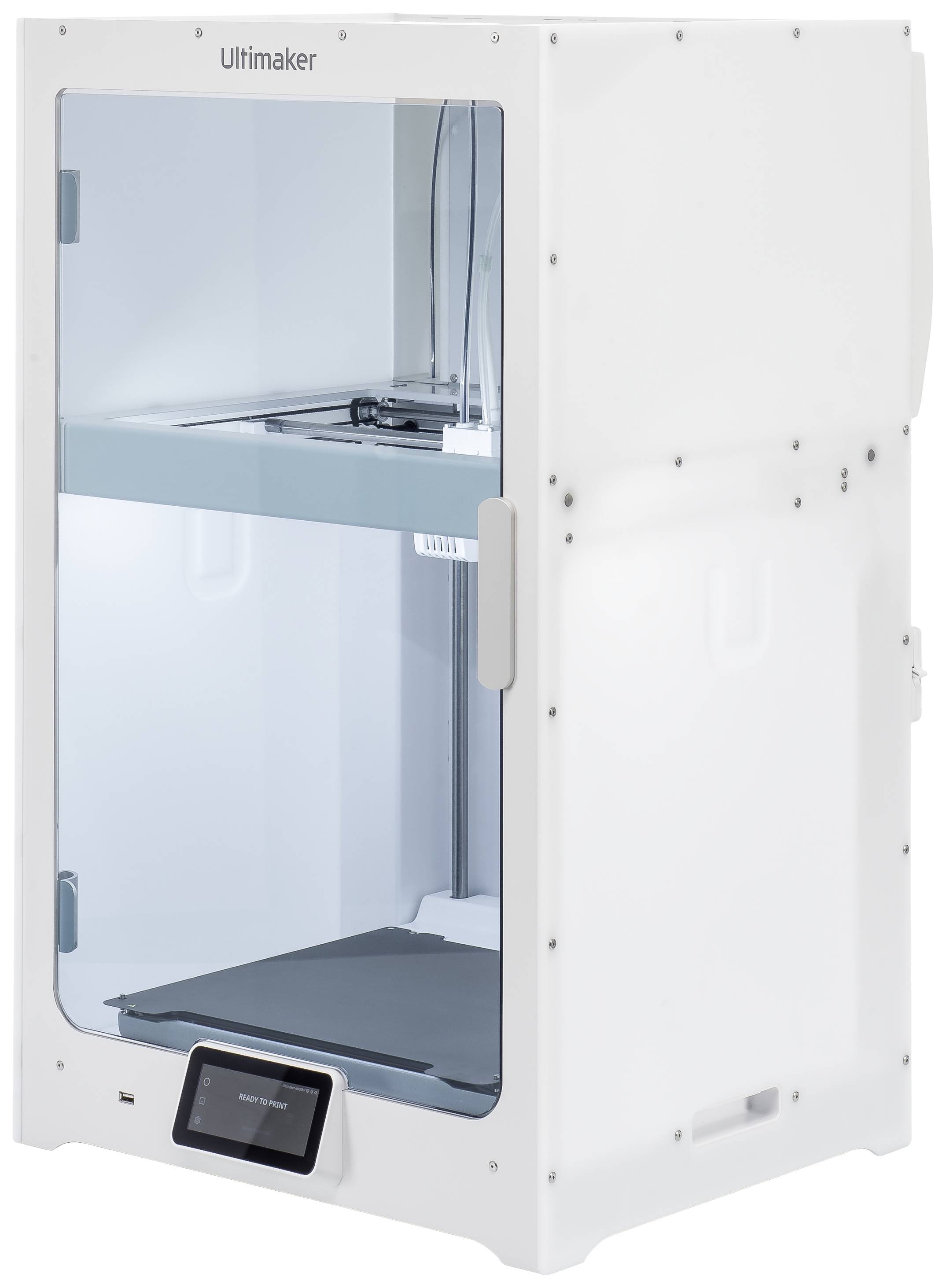 A white 3D printer with a transparent front window showing the print area. A display for control is located at the bottom.
