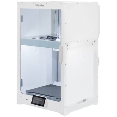 A white 3D printer with a transparent front window showing the print area. A display for control is located at the bottom.