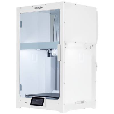 Ultimaker 3D printer with enclosed housing. Main view shows glass front with door handle and control panel below. Suitable for precise 3D printing projects.