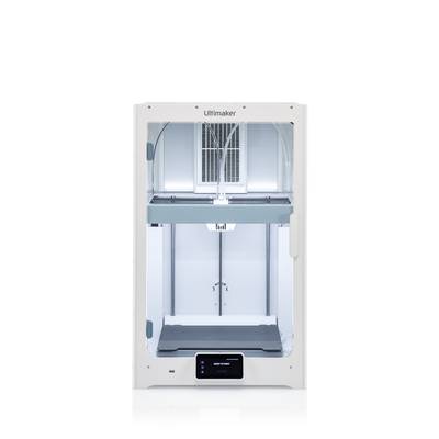 A white Ultimaker 3D printer, shown from the front. Modern design, with an illuminated interior and a digital display at the bottom.