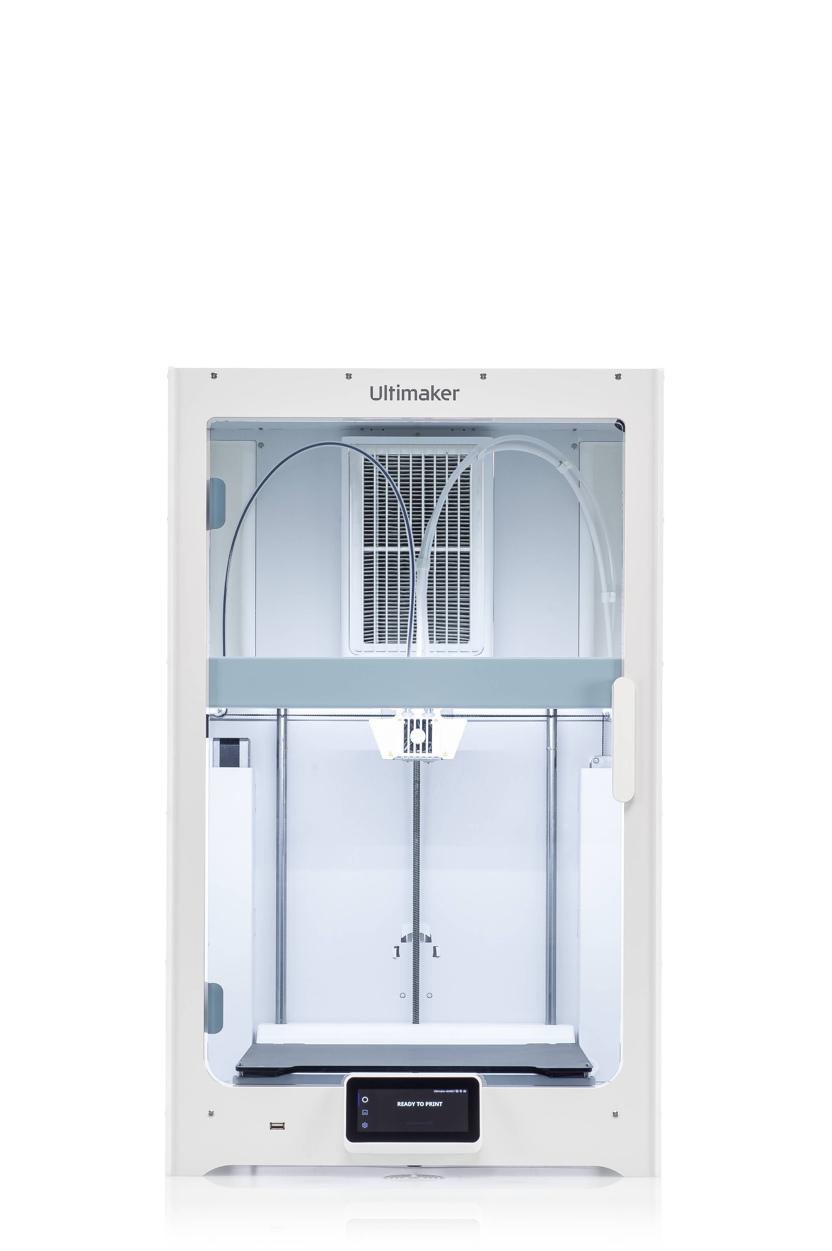 A modern 3D printer with an open build platform, display and visible print nozzles; suitable for commercial use.