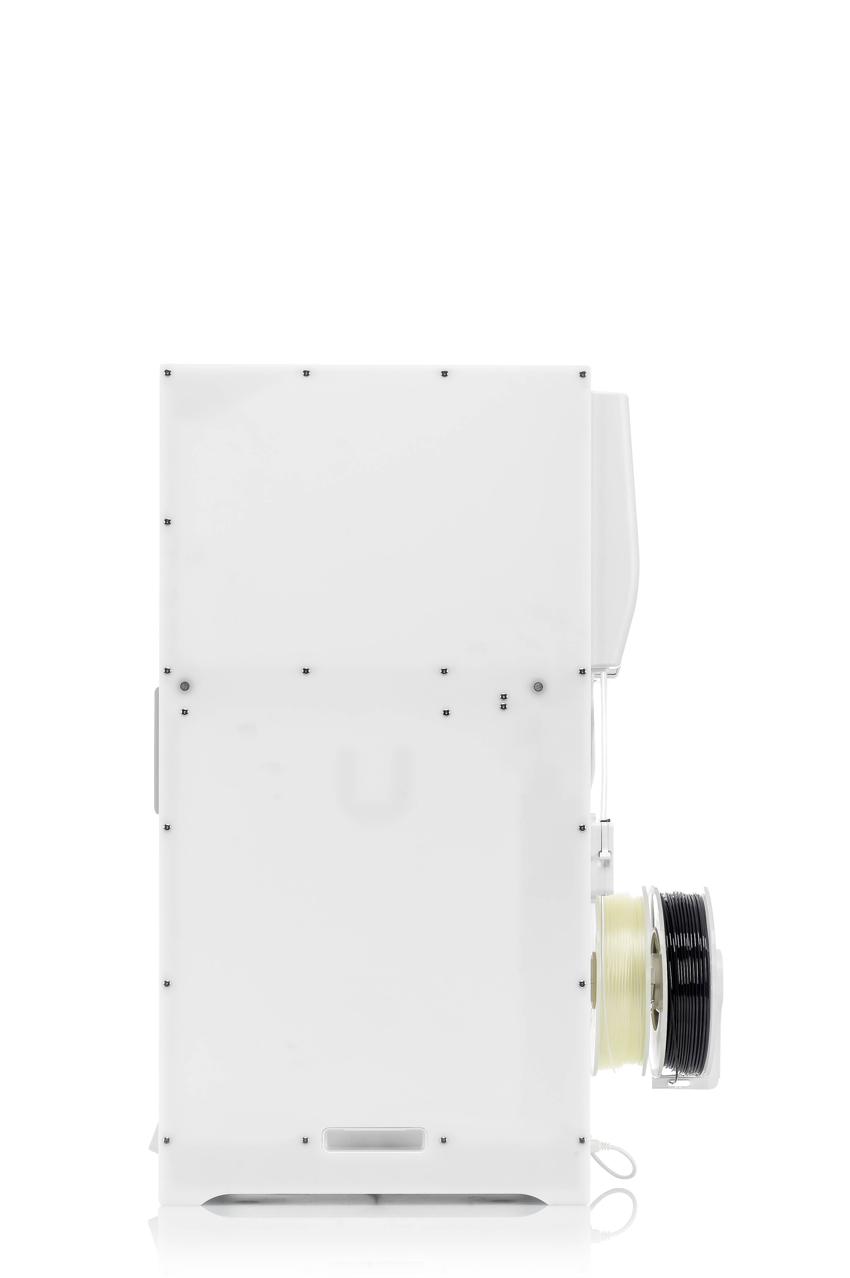 White 3D printer from the side, showing filament reels on the right side.