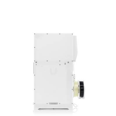 White 3D printer from the side, showing filament reels on the right side.