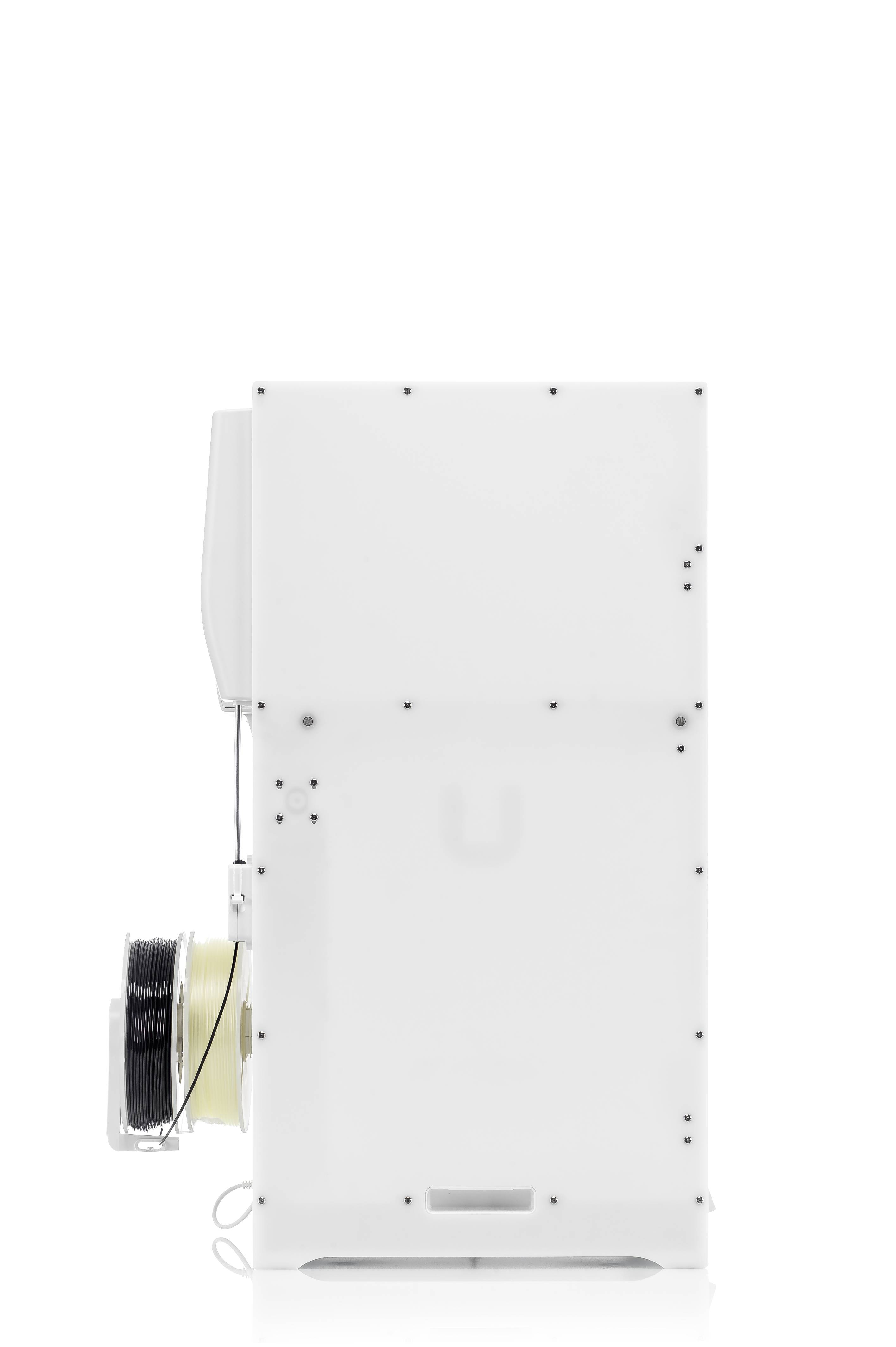 3D printer with filament compartment, side view. The device is closed, shows no signs of operation, and is positioned on a white surface.