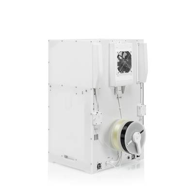 A white 3D printer device with an integrated fan and filament reel on the right side. Rear view, focused on technical details.
