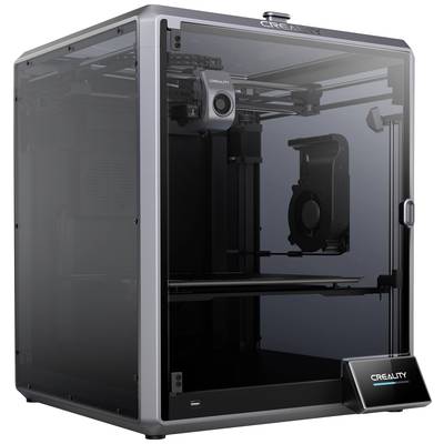 3D printer in an enclosed chamber with a black door and silver edges. The brand name 'CREALITY' is visible at the top.