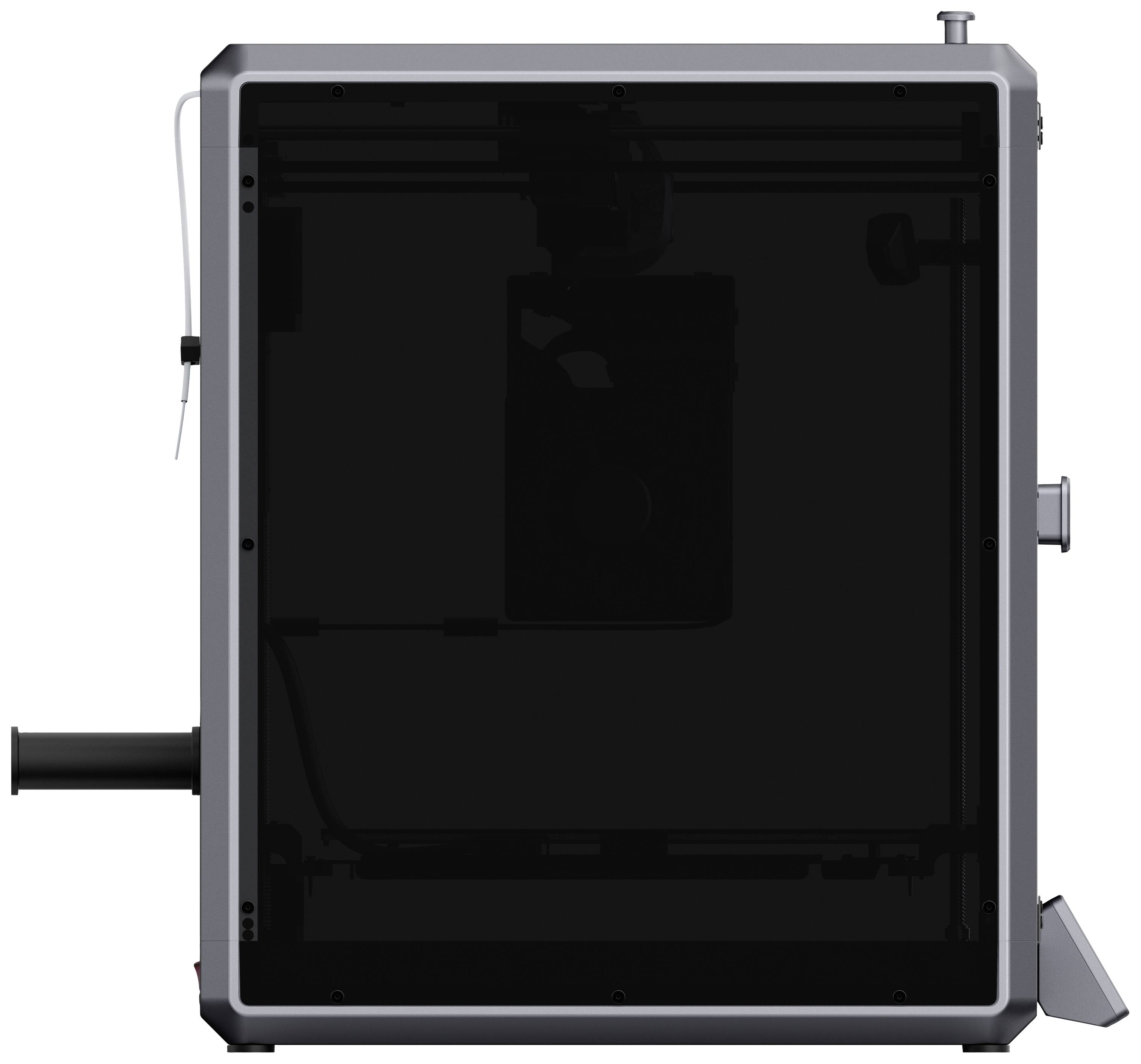 A 3D printer in a square form, depicted from the side, with an enclosed housing and visible filament inlet on the left.