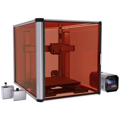 3D printer with a red casing, two resin containers, and a control panel on the right.