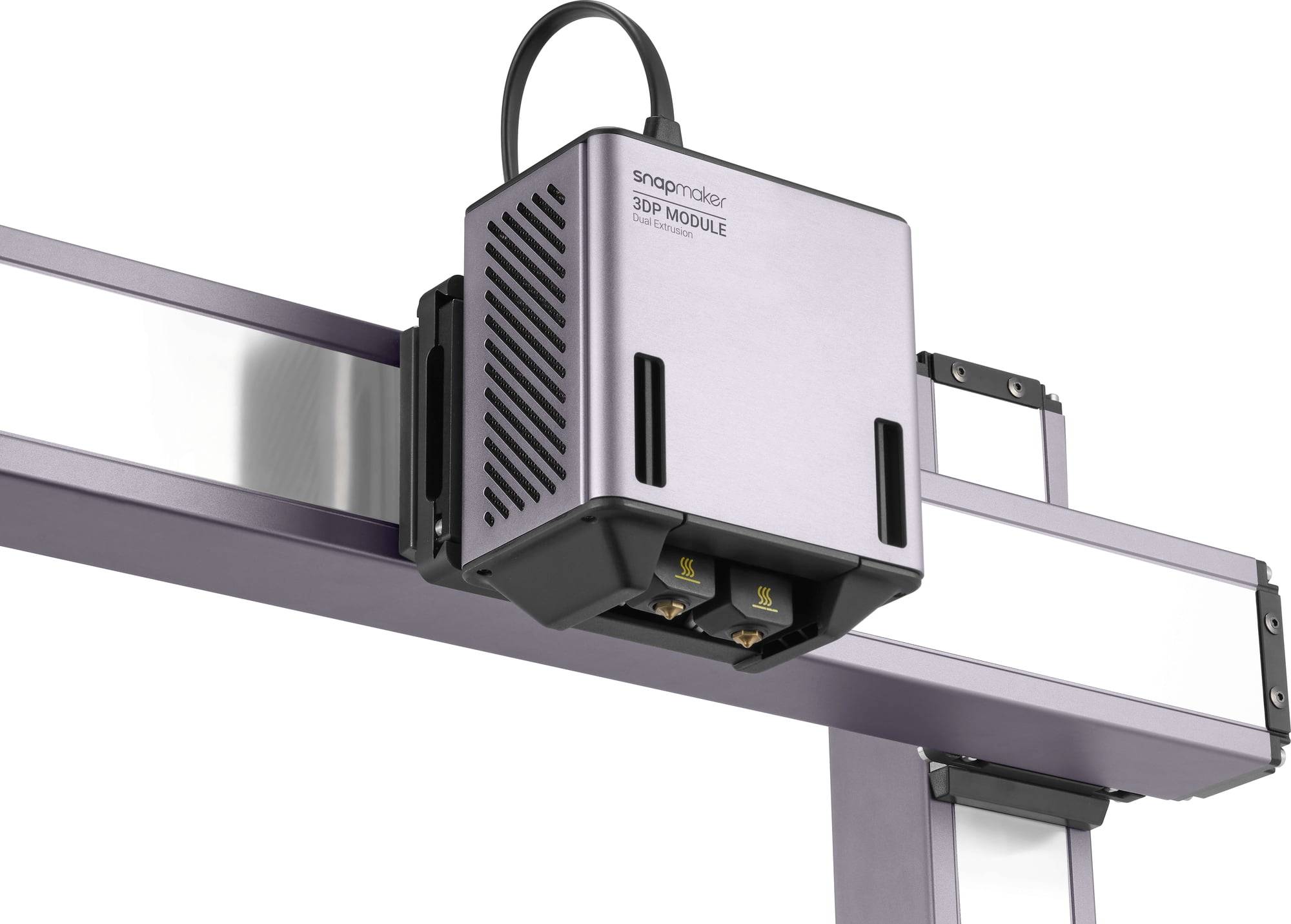 The image shows a Snapmaker 3D printing module attached to a metal frame, with cable connections at the top.