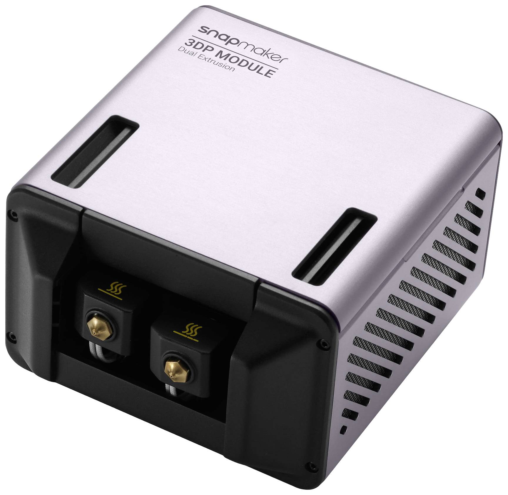 A 3D printing module with two extruders, rectangular and silver in colour. The top surface is labelled with '3DP MODULE Dual Extrusion'.
