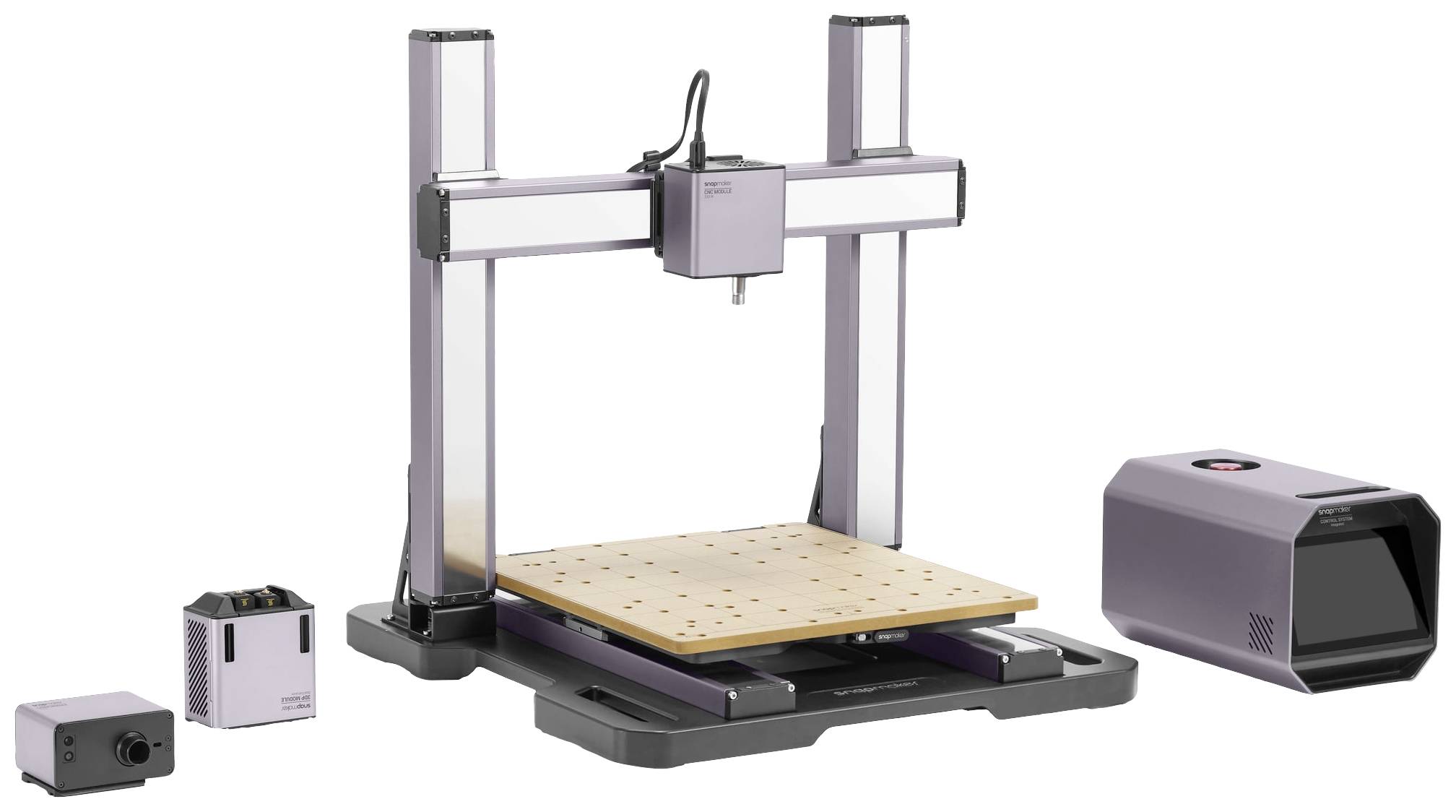 '3D Printer' with a rectangular print area, surrounded by two separate accessory devices for enhanced printing and laser engraving.