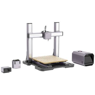 '3D Printer' with a rectangular print area, surrounded by two separate accessory devices for enhanced printing and laser engraving.