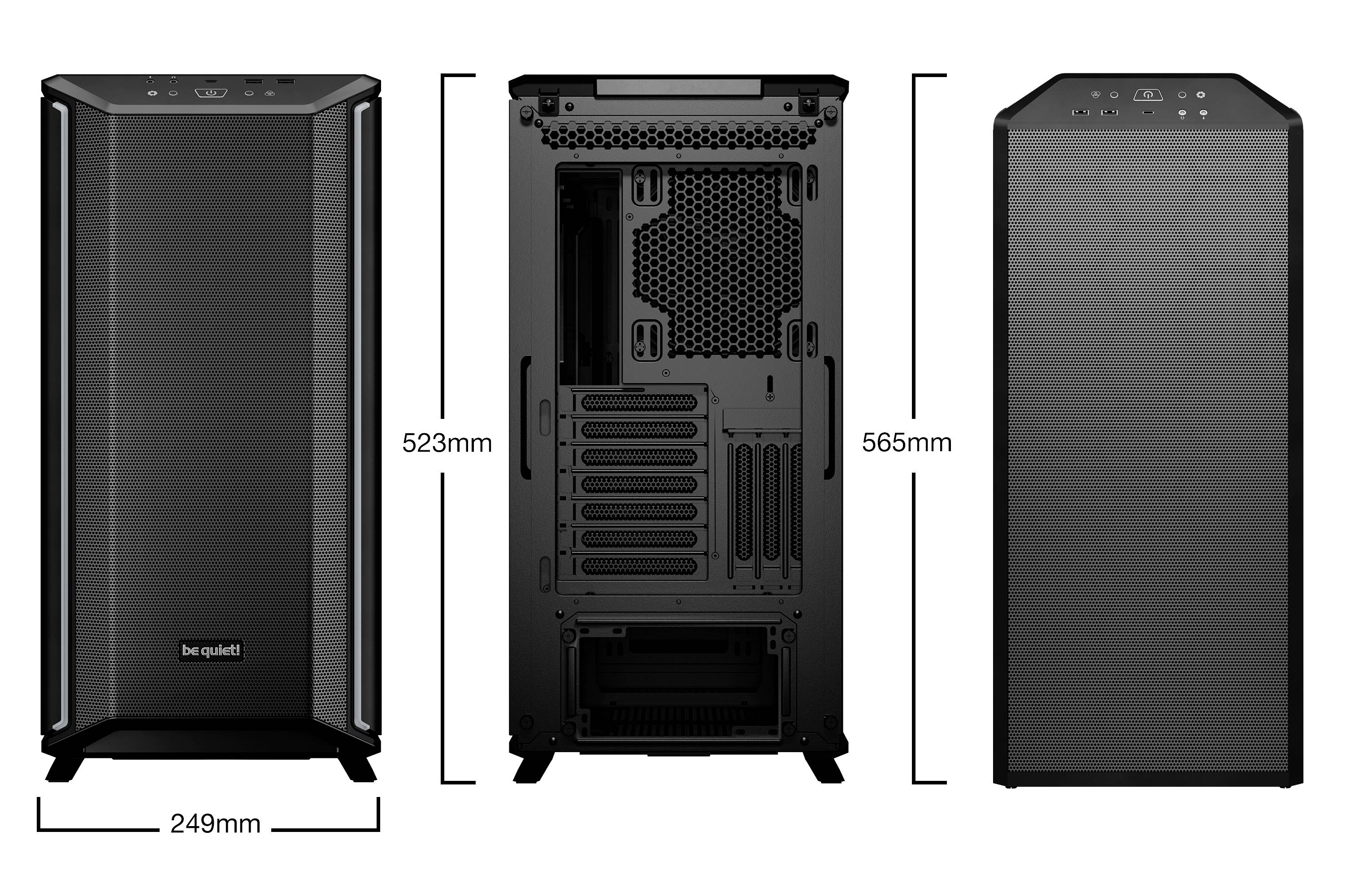 Computer case with dimensions: width 249 mm, height 565 mm, depth 523 mm. Front, side and rear views are shown.