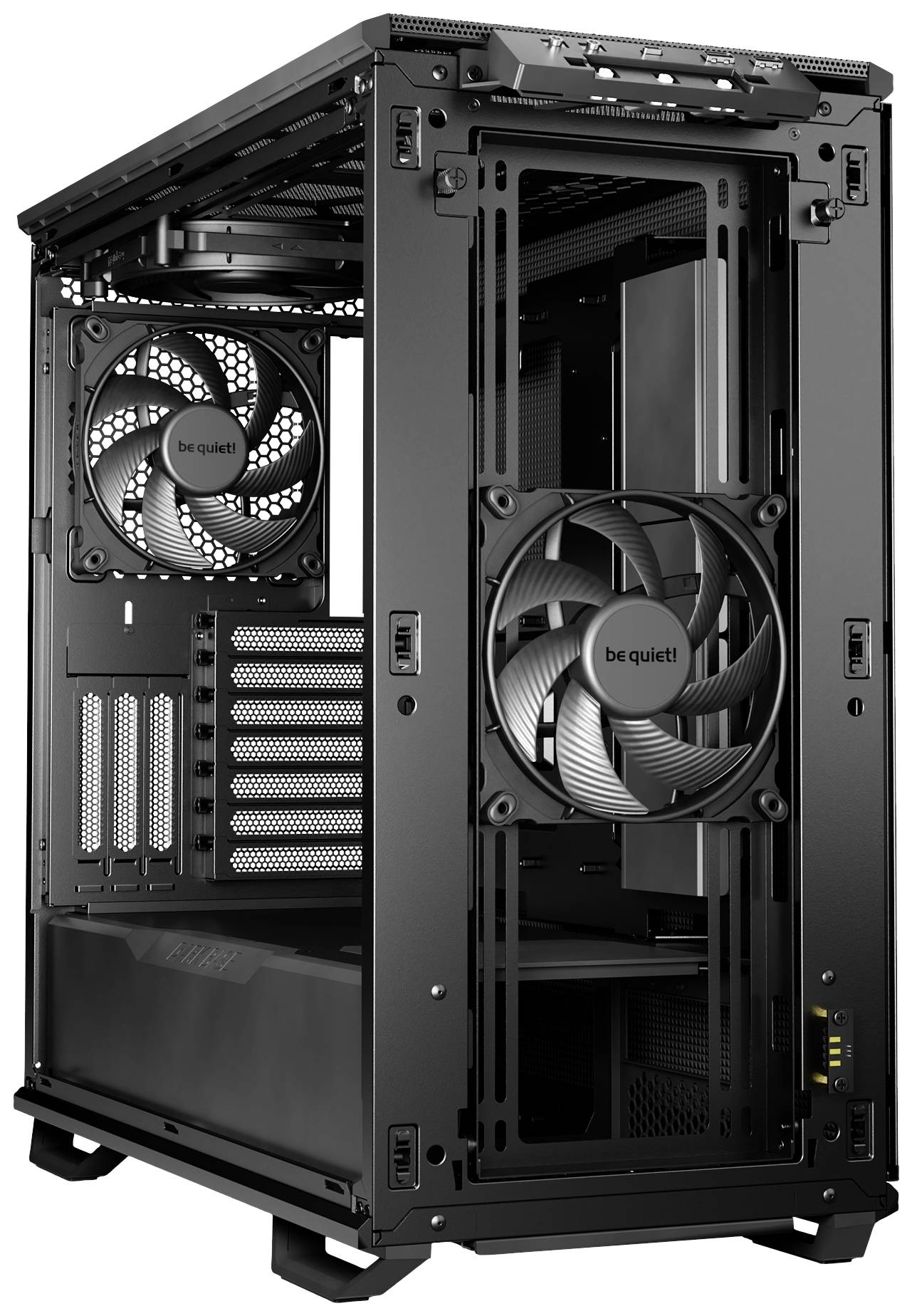 Computer case in black, pictured with fans and side mesh panels. Open design reveals interior space for hardware installation.