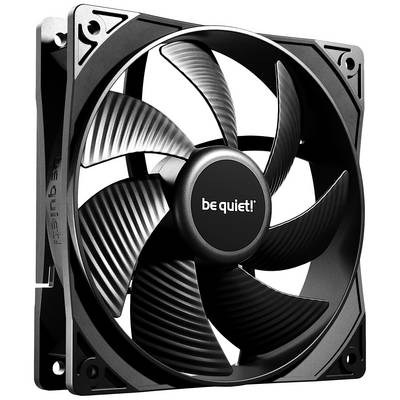 Black computer fan with 'be quiet!' printed in the centre. The fan has a square shape and five rotor blades.