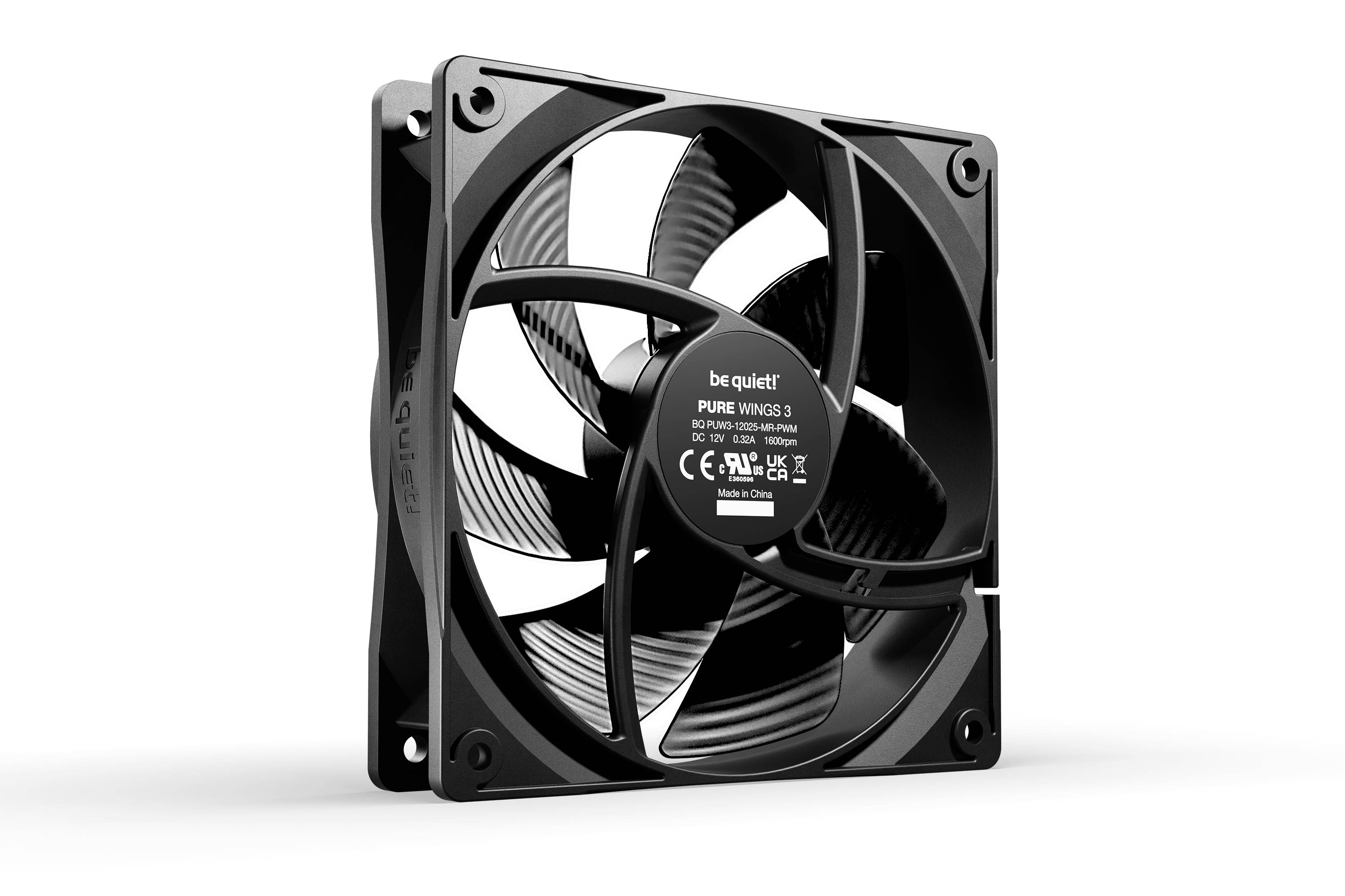 A black computer fan by the brand 'be quiet!', model 'Pure Wings 2', with label and CE marking on the reverse side.