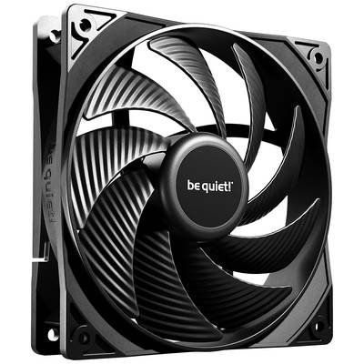 A black computer fan with the 'be quiet!' inscription on the hub. The fan has seven curved rotor blades.