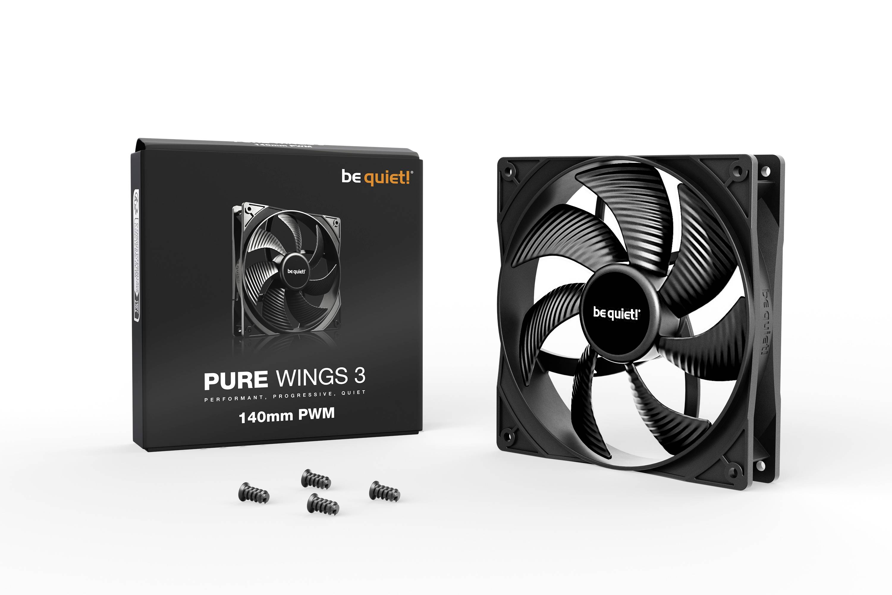 Case fan 'be quiet! PURE WINGS 3', 140 mm PWM, in Black with packaging and mounting screws, ideal for quiet PC operation.