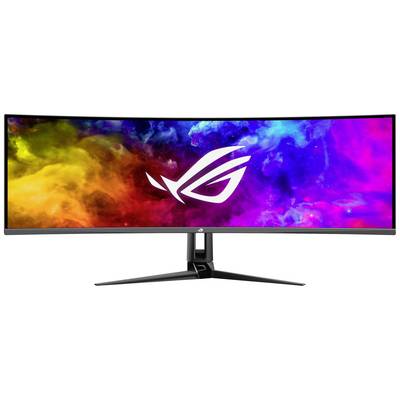 Curved gaming monitor with a colourful background and the 'ROG' logo in the centre of the screen.