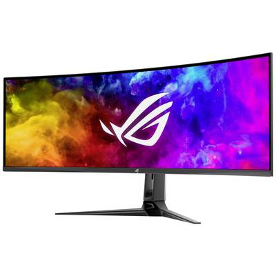 An ultra-wide, curved gaming monitor with a colourful, luminous background and a centrally positioned logo on the screen.