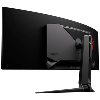 Rear view of a curved computer monitor on a stand, showing the design and ventilation of the back panel.