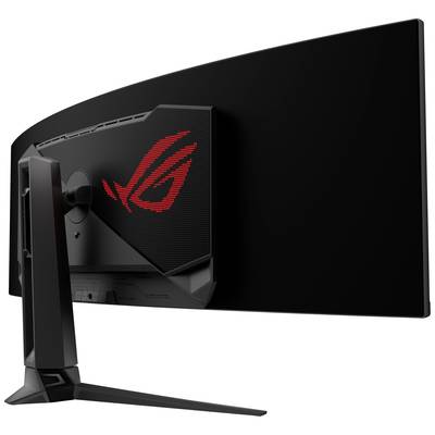 An ultra-wide curved gaming monitor viewed from behind, mounted on a stylish stand, with a red logo on the back.