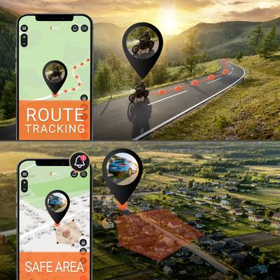 A motorcyclist on a winding road at sunset, accompanied by mobile phone images showing route and safety zone tracking.