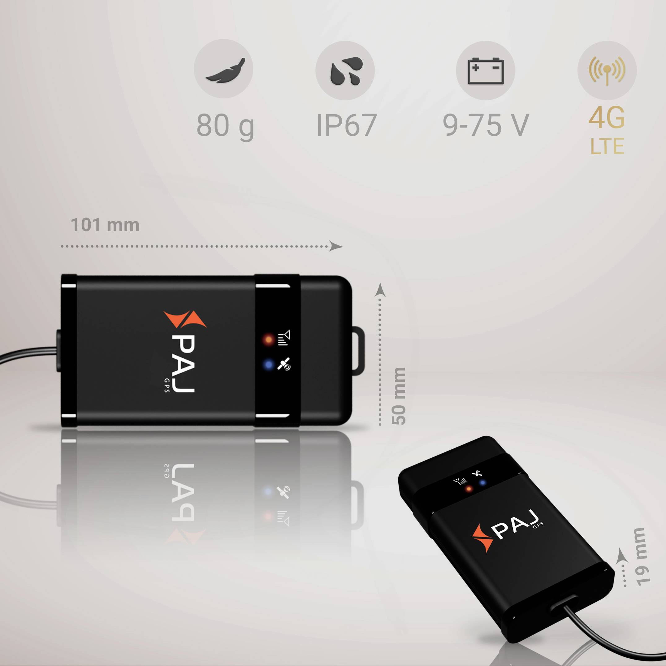 PAJ GPS Tracker with IP67 waterproofing, 80g weight, 101x50x19mm size, supports 9-75V, 4G LTE connectivity, black.