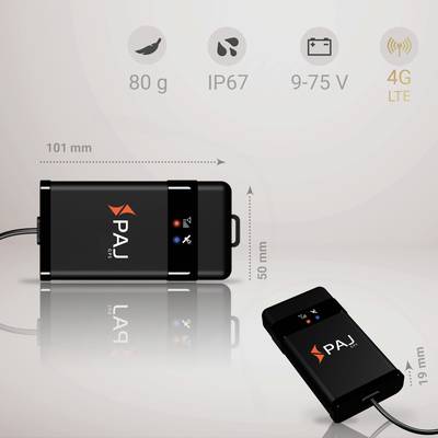 PAJ GPS Tracker with IP67 waterproofing, 80g weight, 101x50x19mm size, supports 9-75V, 4G LTE connectivity, black.