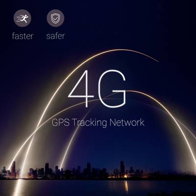 4G Network Graphic with the terms 'faster' and 'safer'. GPS Tracking highlighted for improved speed and safety. Skyline in the background.