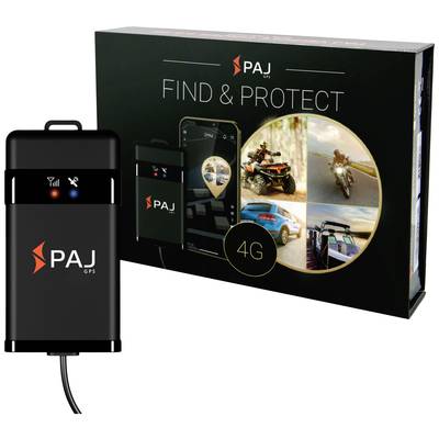A GPS tracker with packaging. On the packaging: 'PAJ GPS Find & Protect 4G'. Images of vehicles in motion.