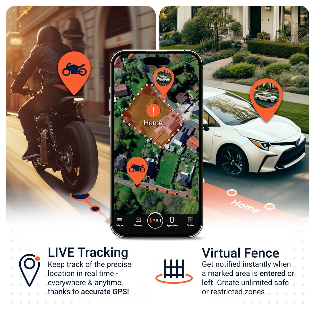 Advertising image for live tracking and safe zone: smartphone map tracks vehicle location via GPS, with alarm when entering/leaving marked zones.