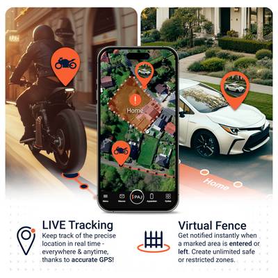 Advertising image for live tracking and safe zone: smartphone map tracks vehicle location via GPS, with alarm when entering/leaving marked zones.