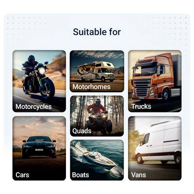 Overview "Suitable for" with image tiles for motorcycles, motorhomes, lorries, cars, quads, boats and vans.