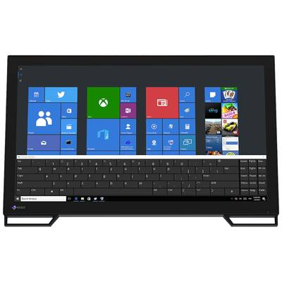 A computer screen displays the Windows interface with digital tiles, an on-screen keyboard, and a taskbar along the bottom edge.