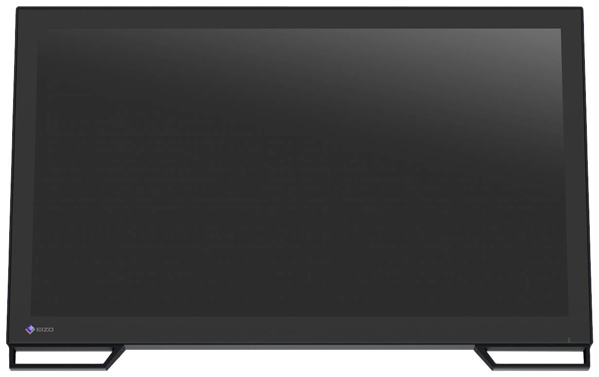 A large, black flat-screen monitor with a square base on both sides, suitable for a desk or living room table.