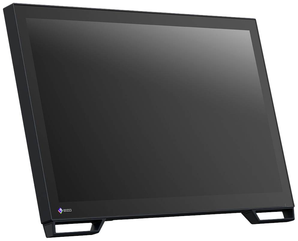 A black flat-screen monitor with a minimalist design, photographed from the side, with no visible content on the screen.